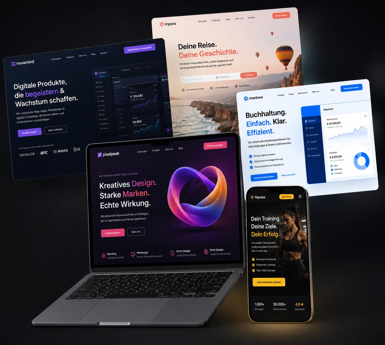 Beispiele moderner Website-Designs auf Laptop und Smartphone