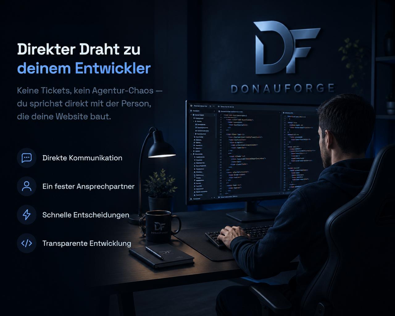 Direkter Draht zu deinem Entwickler — direkte Kommunikation, ein fester Ansprechpartner, schnelle Entscheidungen, transparente Entwicklung