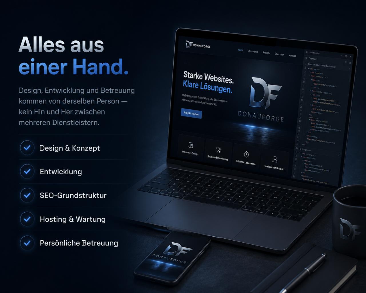 Alles aus einer Hand — Design, Entwicklung und Betreuung aus einer Hand: Design & Konzept, Entwicklung, SEO-Grundstruktur, Hosting & Wartung, persönliche Betreuung