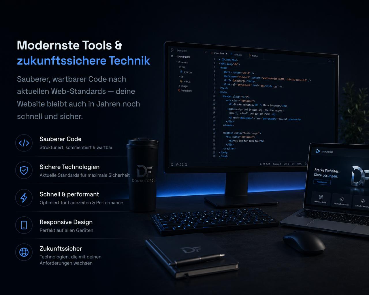 Modernste Tools und zukunftssichere Technik — sauberer Code, sichere Technologien, schnell und performant, responsive Design
